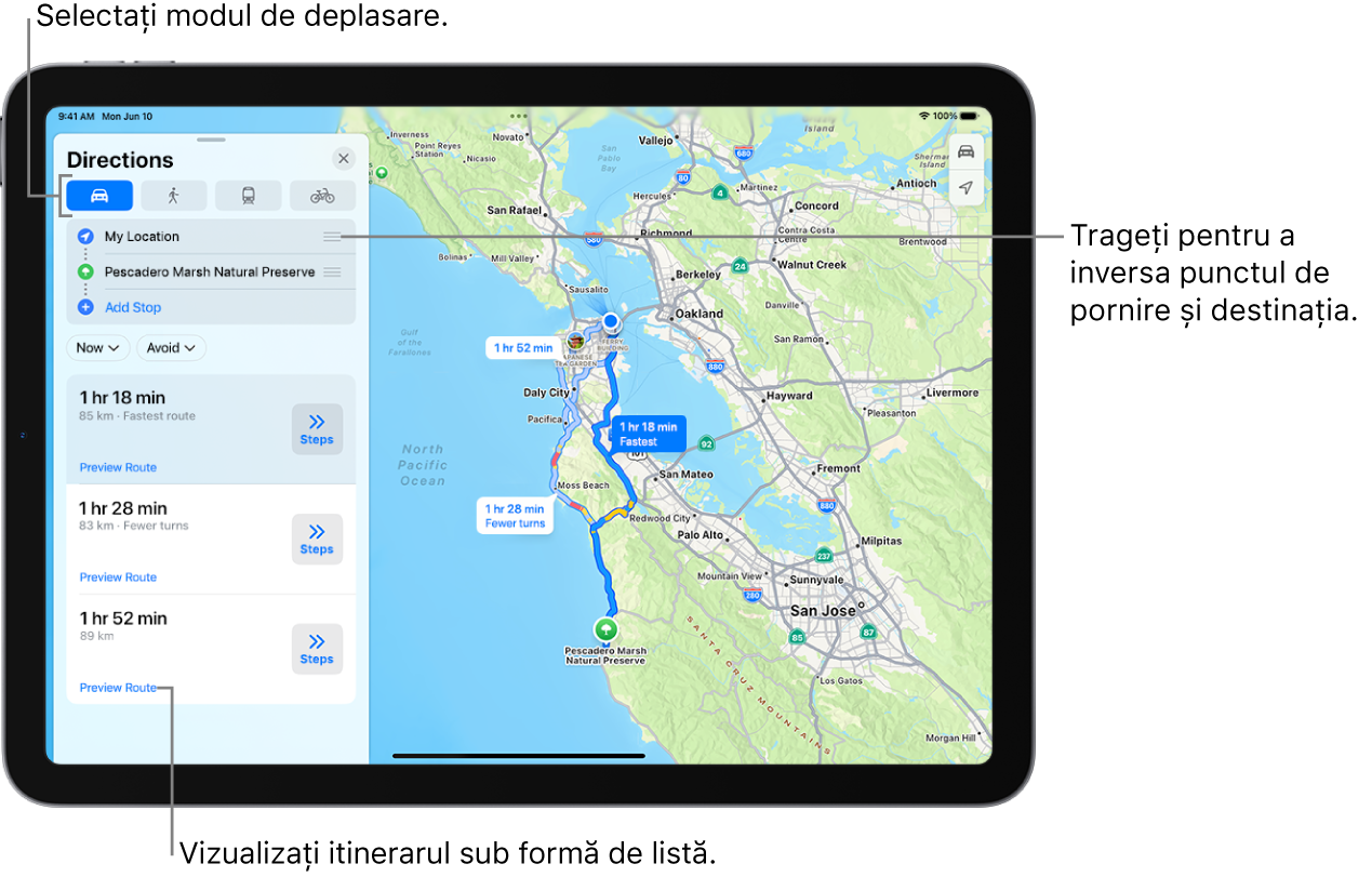 O hartă are câteva rute posibile pentru itinerare auto între Localizarea dvs. și o destinație.