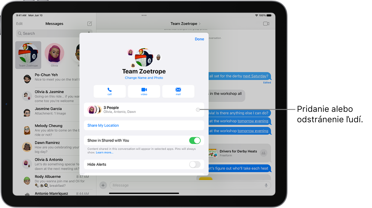 iPad s podrobnosťami skupinovej konverzácie.