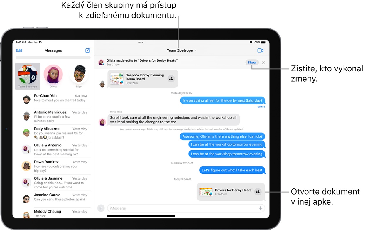 Skupinová konverzácia v apke Správy vrátane pozvánky na spoluprácu a aktualizácií v hornej časti okna konverzácie.