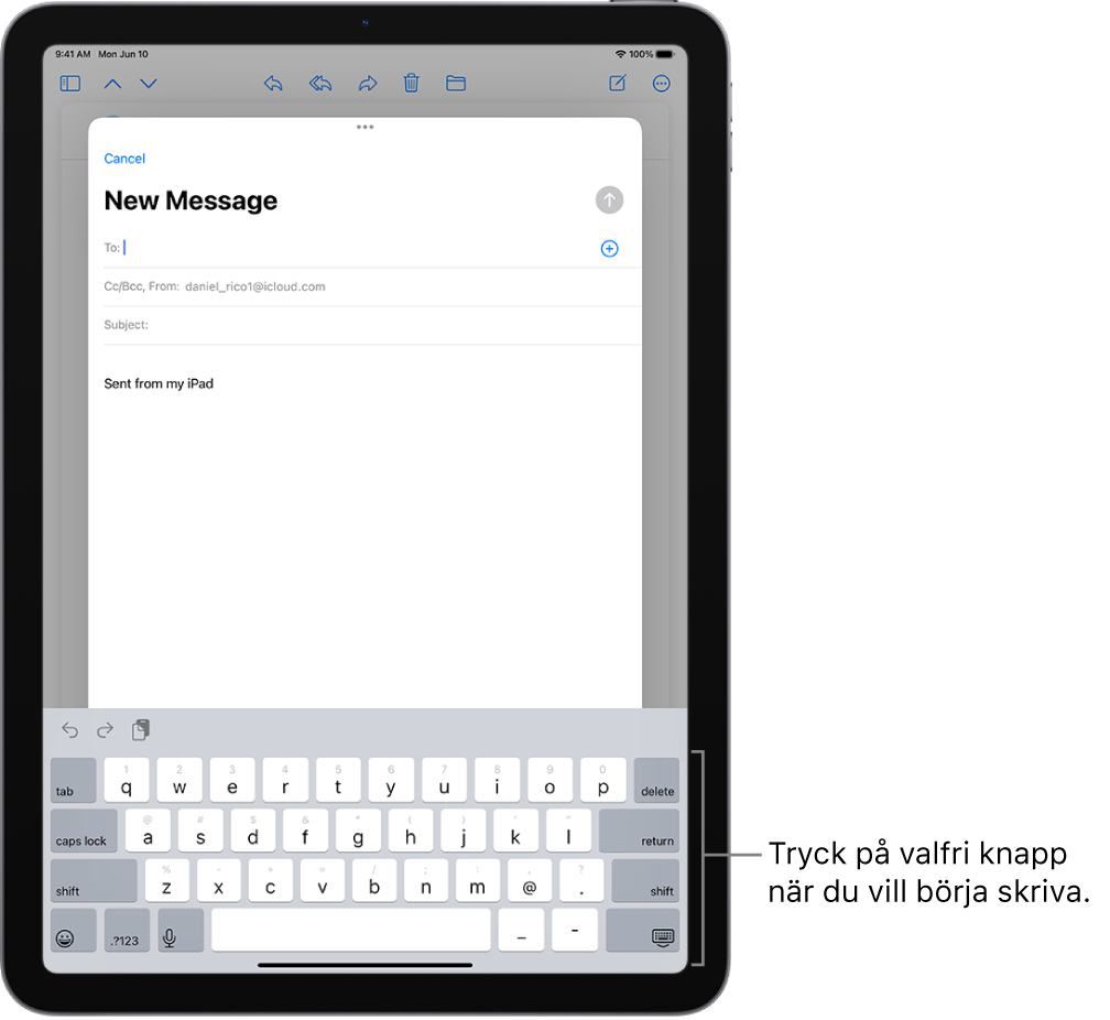 Ett tomt mejl är öppet i Mail-appen. Skärmtangentbordet finns i den nedre halvan av skärmen.