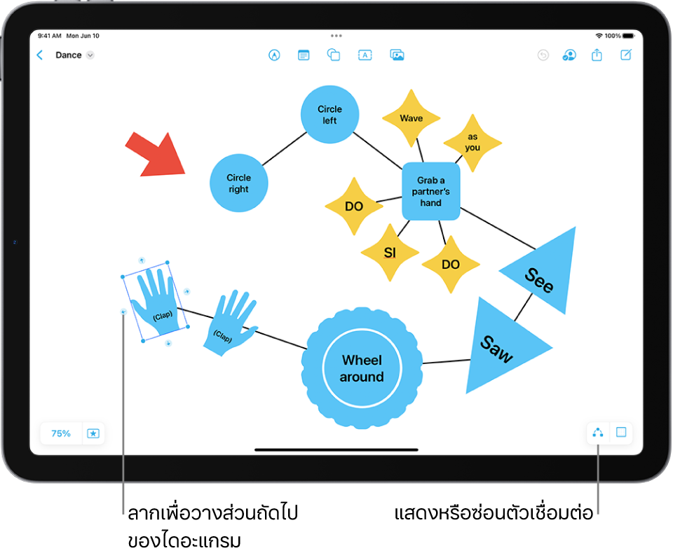 ไดอะแกรมบนบอร์ด Freeform ที่มีจุดเชื่อมต่อที่แสดงบนรูปร่างที่เลือกและเครื่องมือการจัดรูปแบบรูปร่างแสดงให้เห็นที่ด้านบน