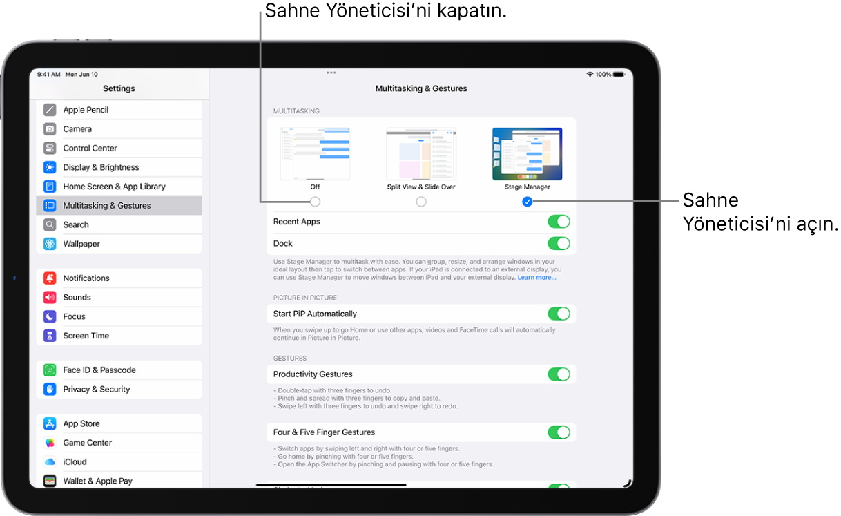 Sahne Yöneticisi’ni açmaya veya kapatmaya yönelik Ayarlar ekranı.