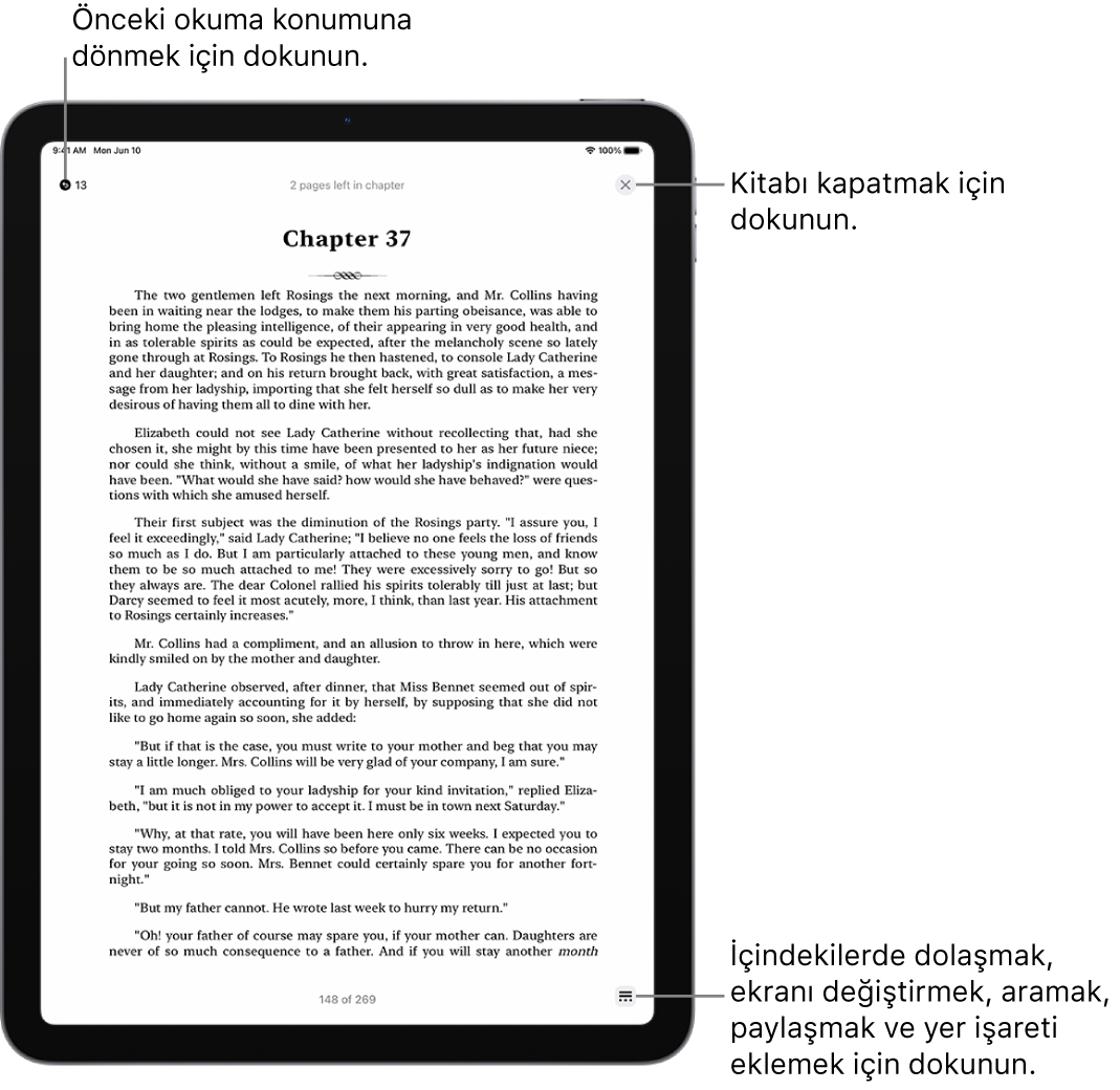 Kitaplar uygulamasındaki bir kitabın sayfası. Ekranın en üstünde, okumaya başladığınız sayfaya dönme ve kitabı kapatma düğmeleri var. Ekranın sağ alt tarafında Menü düğmesi var.