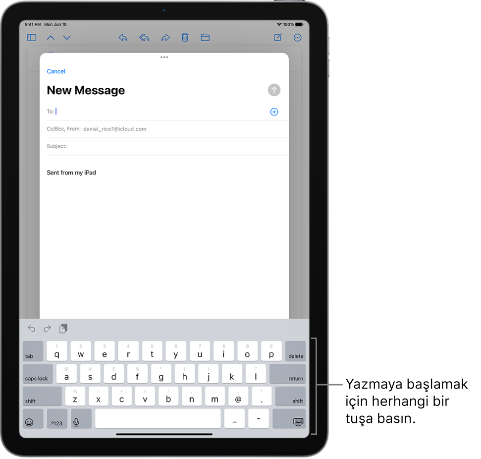 Mail uygulamasında boş bir e-posta açık. Ekran klavyesi ekranın alt yarısında.