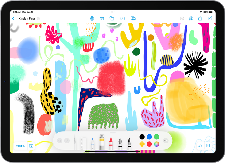 Малюнки й рукописний текст на дошці Freeform. Інструменти малювання відображаються вздовж нижнього краю.