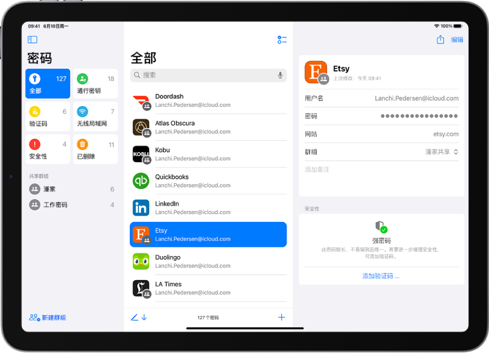 “密码” App 主屏幕，左侧边栏中显示密码类型（“全部”已选中），中间显示所有密码账户列表（Etsy 已选中），右侧显示 Etsy 账户详细信息。