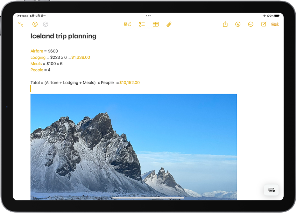 規劃旅程的備忘錄，包含旅遊支出計算和照片。