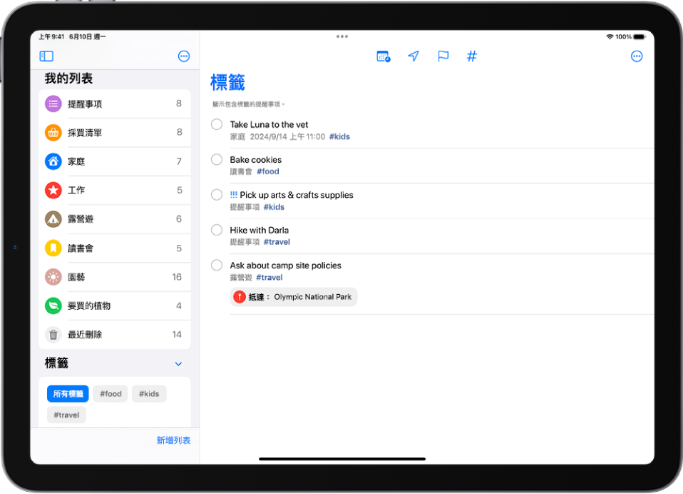 「提醒事項」App 顯示多個列表，「標籤瀏覽器」位於左側。右側列表包含帶有標籤的所有項目。