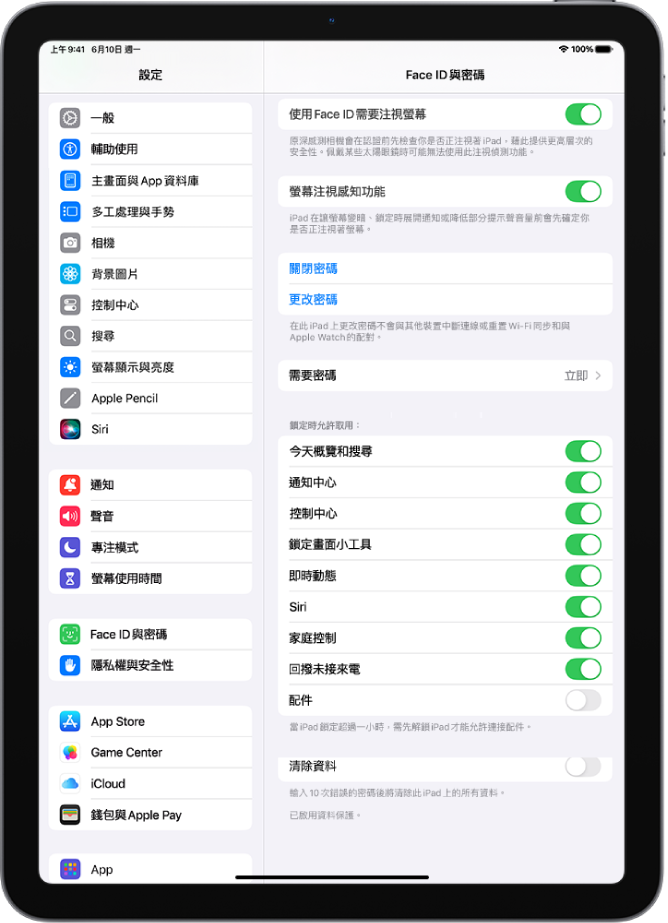 「Touch ID 與密碼」設定，其中包含在 iPad 鎖定時允許取用特定功能的選項。