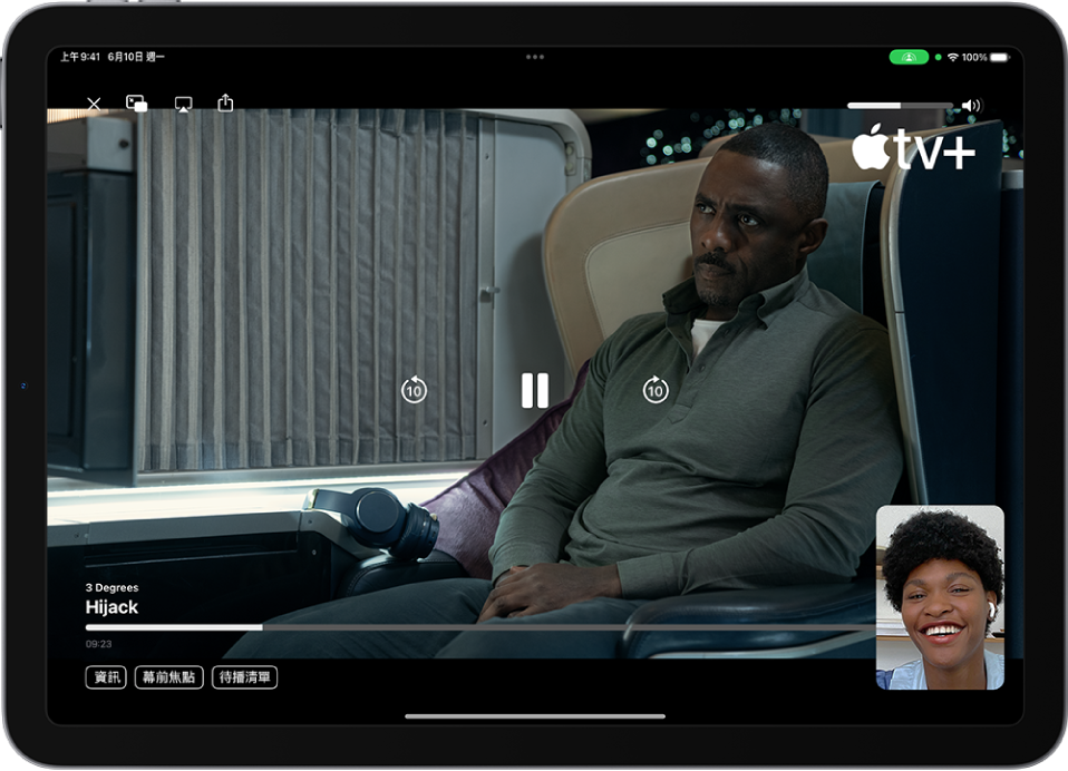 顯示來自「同播共享」的影片內容和控制項目的 FaceTime 通話。