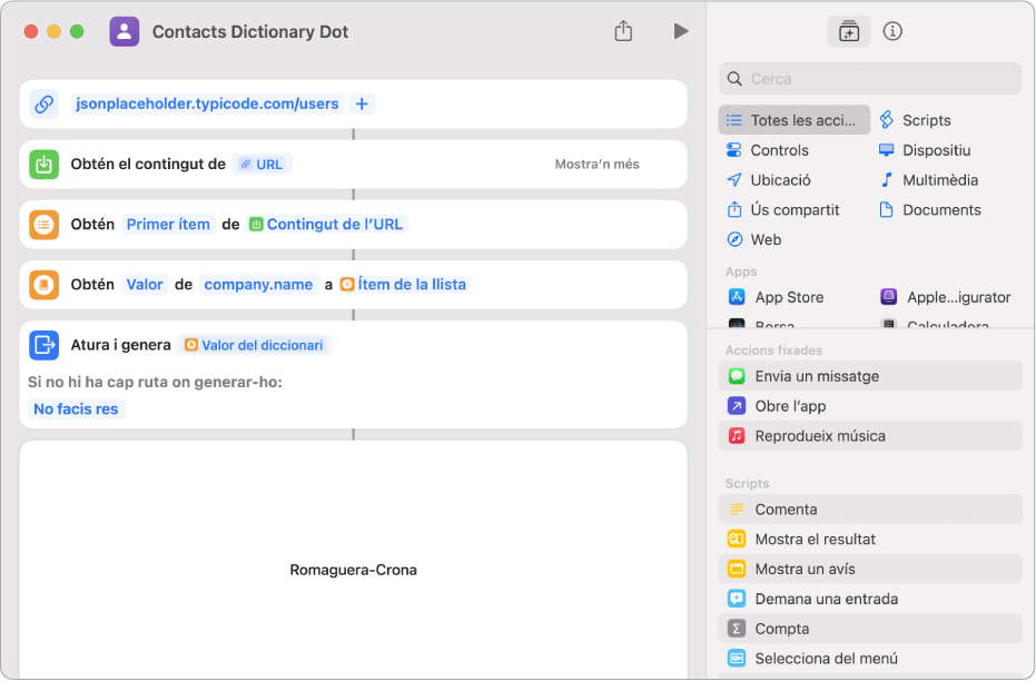 L’acció “Obtén un valor del diccionari” a l’editor de dreceres amb la clau configurada en company.name.