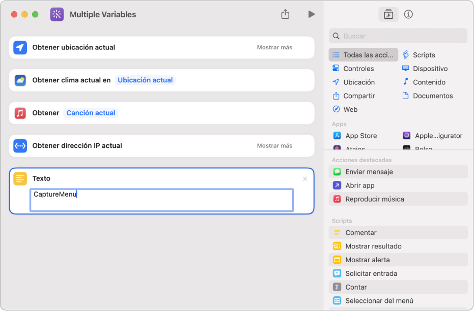 Variables que se pueden seleccionar en el editor de atajos