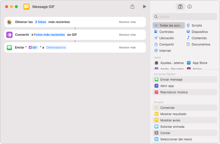 Editor de atajos que muestra las acciones que se usan para enviar un mensaje con fotos como GIF animado.
