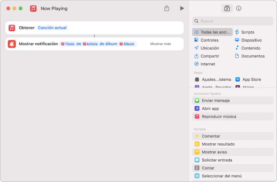 Acción “Mostrar notificación” en el editor de atajos y aviso “Música en reproducción” llamado por la acción “Mostrar notificación”.
