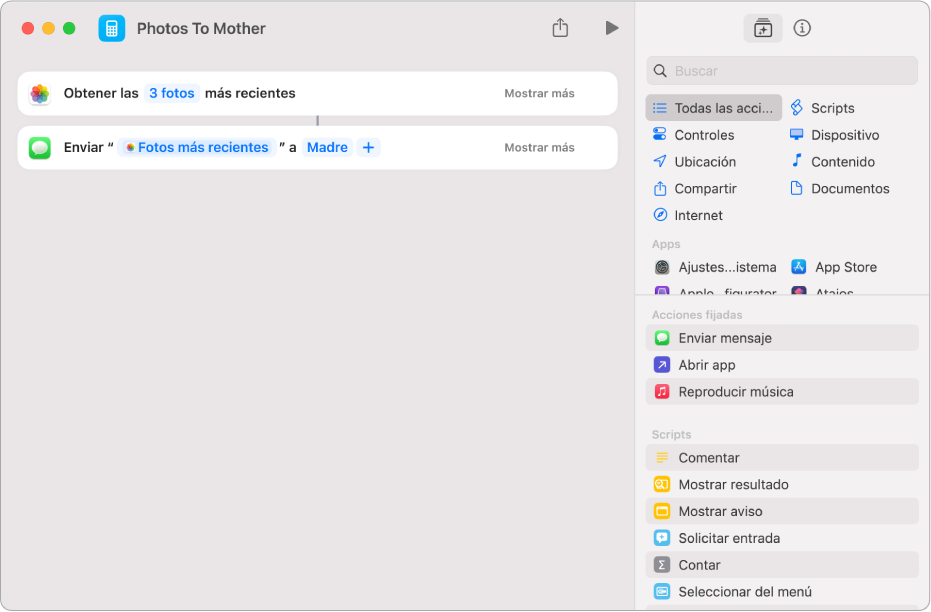 Atajo que contiene una acción “Obtener las fotos más recientes” y una acción “Enviar mensaje”.