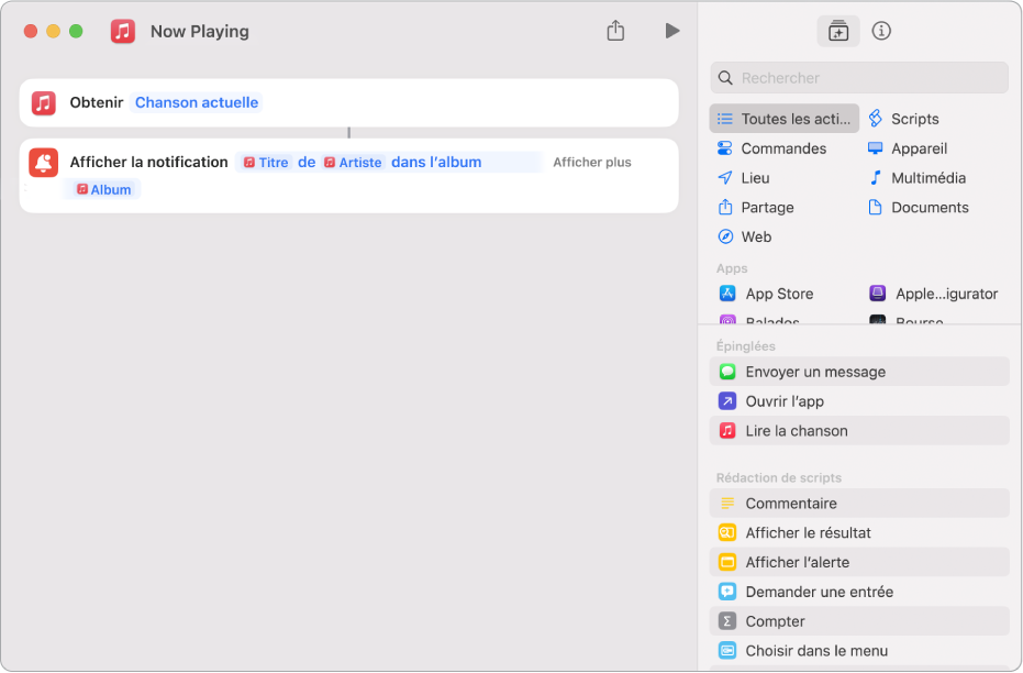 Action « Afficher la notification » dans l’éditeur de raccourcis et alerte « À l’écoute » de Musique appelées par cette action.
