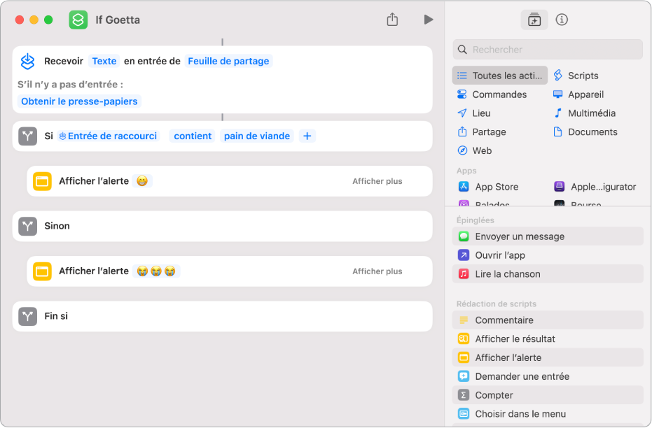 Configuration d’une action Si.