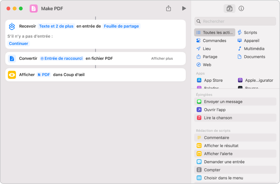Éditeur de raccourcis affichant une ligne verticale connectant des actions.