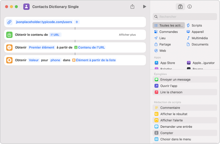 Clé de l’action Obtenir la valeur du dictionnaire dans l’éditeur de raccourcis réglée sur téléphone.