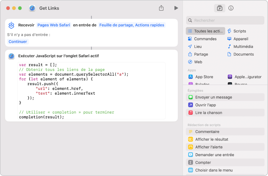 Action « Exécuter JavaScript sur une page Web » dans l’éditeur de raccourcis.