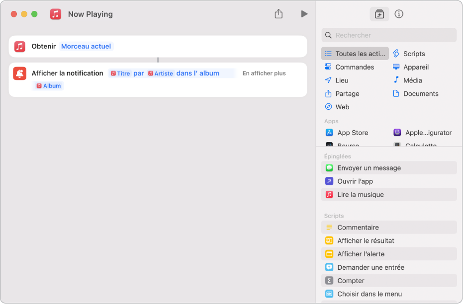 Action « Afficher la notification » dans l’éditeur de raccourci et alerte Musique « À l’écoute » appelée par l’action « Afficher la notification ».