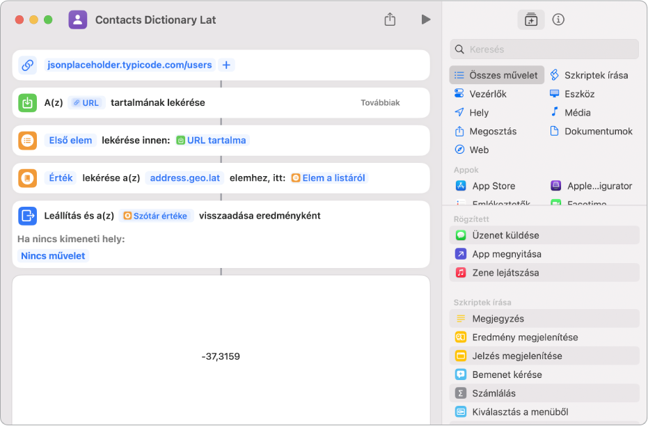 A Szótár értékének lekérése a parancsszerkesztőben az address.geo.lat értékre beállított kulccsal.