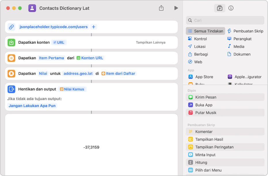 Tindakan Dapatkan Nilai Kamus di editor pintasan dengan kunci yang diatur ke address.geo.lat.