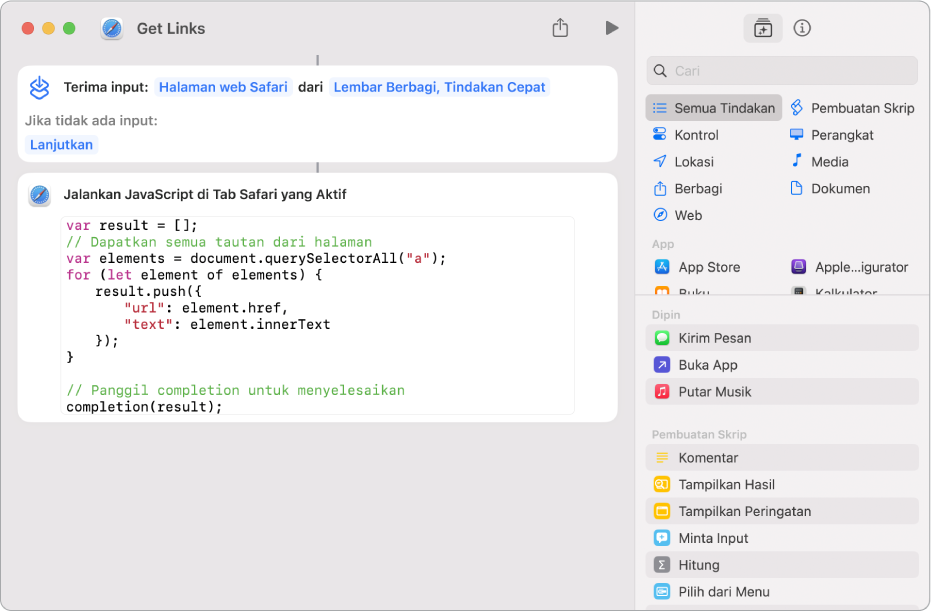Tindakan Jalankan JavaScript di Halaman Web di editor pintasan.