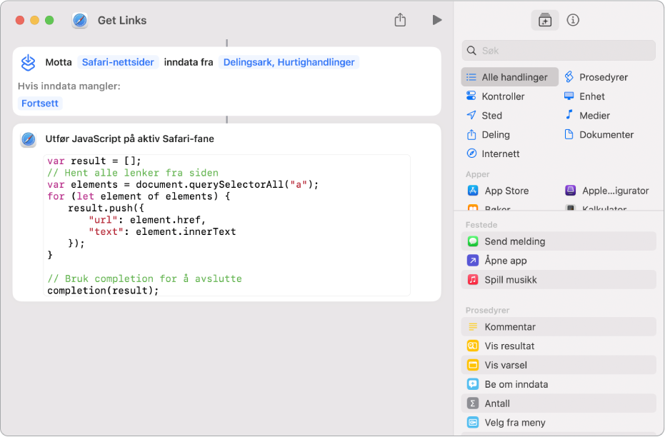 Utfør JavaScript på nettside-handlingen i snarveisredigereren.