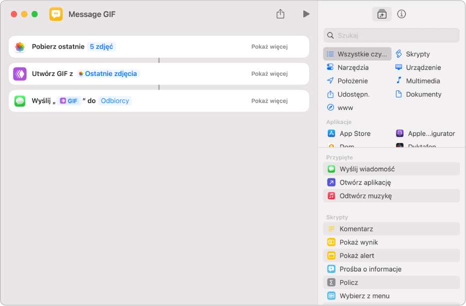 Edytor skrótów z czynnościami użytymi pozwalającymi wysłać wiadomość zwierającą zdjęcia jako animowany plik GIF.