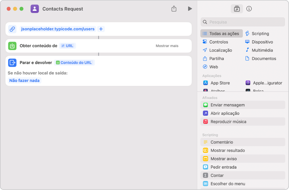 Um pedido à API que contém uma ação URL que aponta para o ponto terminal da API, seguido de uma ação “Obter conteúdo do URL”.