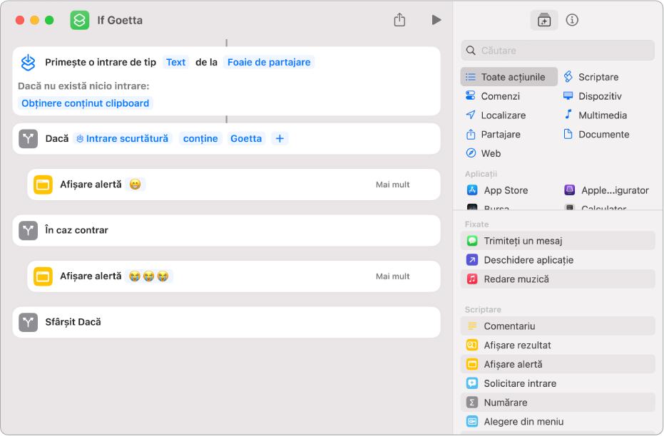 Configurarea unei acțiuni Dacă.