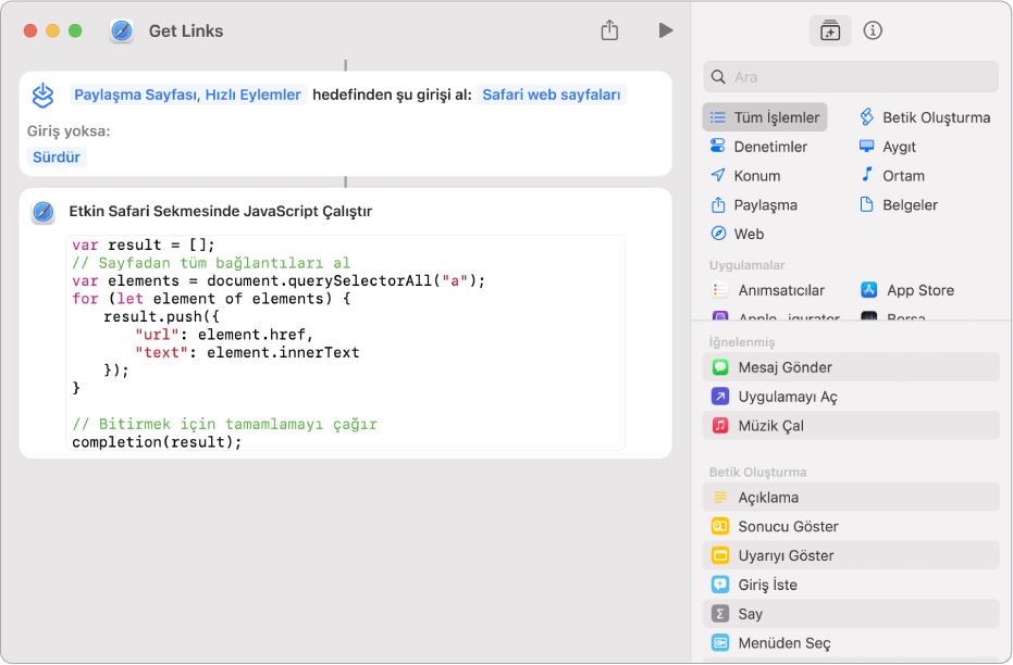 Kestirme düzenleyicide Web Sayfasında JavaScript Çalıştır işlemi.