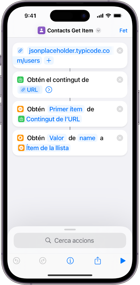 L’acció “Obtén un valor del diccionari” a l’editor de dreceres amb la clau configurada en nom.