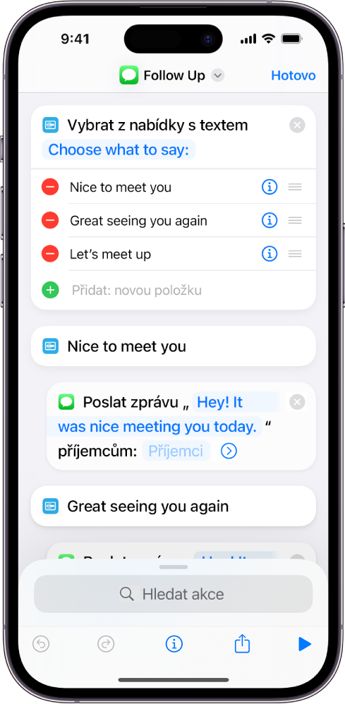 Ukázka zkratky, v níž je zobrazena akce „Vybrat z nabídky“