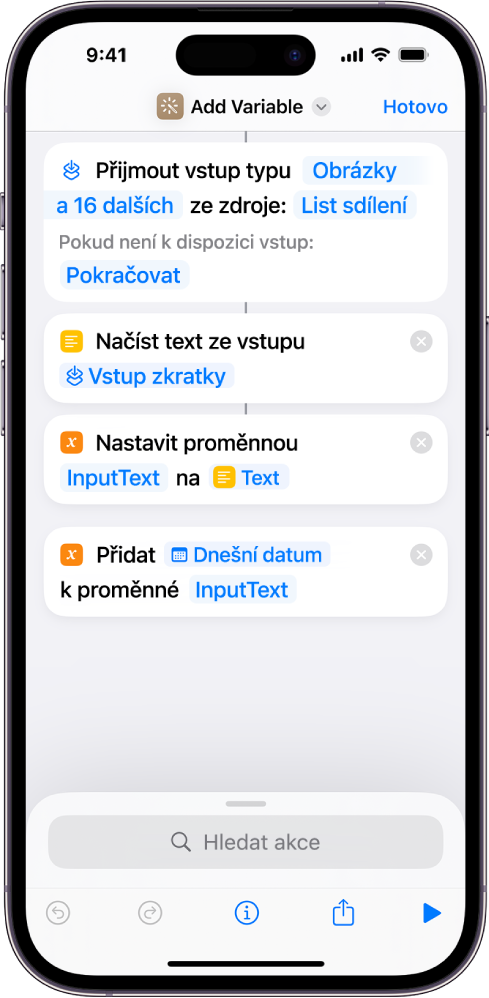 Akce Nastavit proměnnou a Přidat k proměnné v editoru zkratek