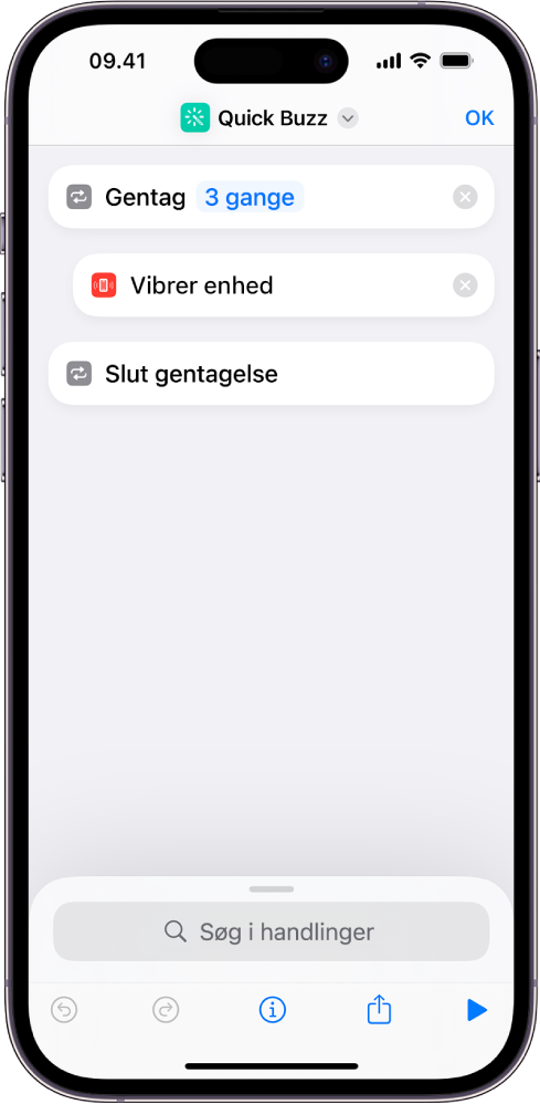 Handlingen Vibrer enhed indstillet til at blive gentaget tre gange.