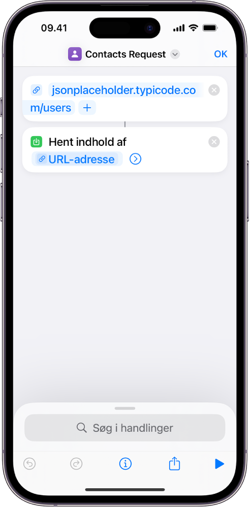 En API-anmodning, der indeholder en URL-handling med henvisning til API-slutpunktet, efterfulgt af handlingen Hent indhold af URL-adresse.