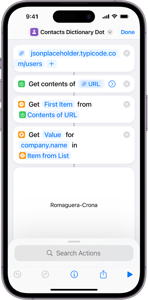 Get Dictionary Value action in the shortcut editor with the key set to company.name.