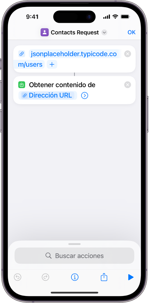 Una solicitud de API que contiene una acción “Dirección URL” que apunta al final de la API, seguida de una acción “Obtener contenido de URL”.