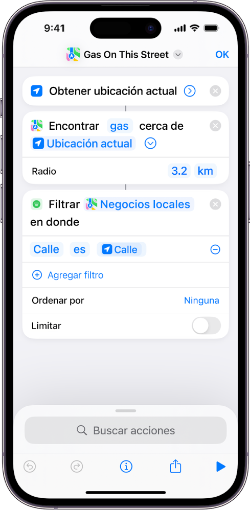 La acción “Filtrar ubicaciones donde” en el editor de atajos.