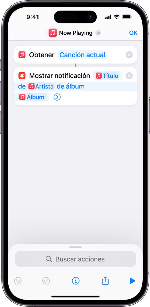 Acción “Mostrar notificación” en el editor de atajos y aviso “Música en reproducción” llamado por la acción “Mostrar notificación”.