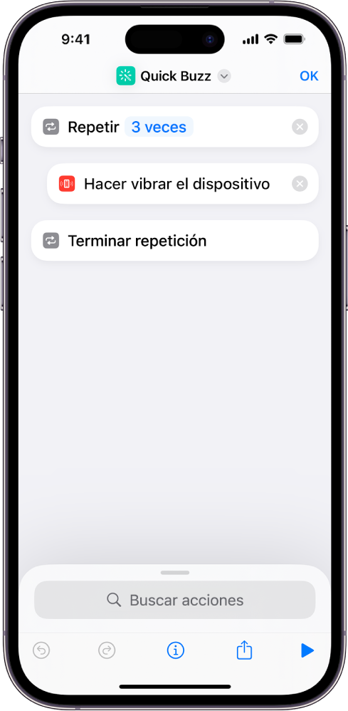 La acción “Hacer vibrar el dispositivo” ajustada para que se repita tres veces.