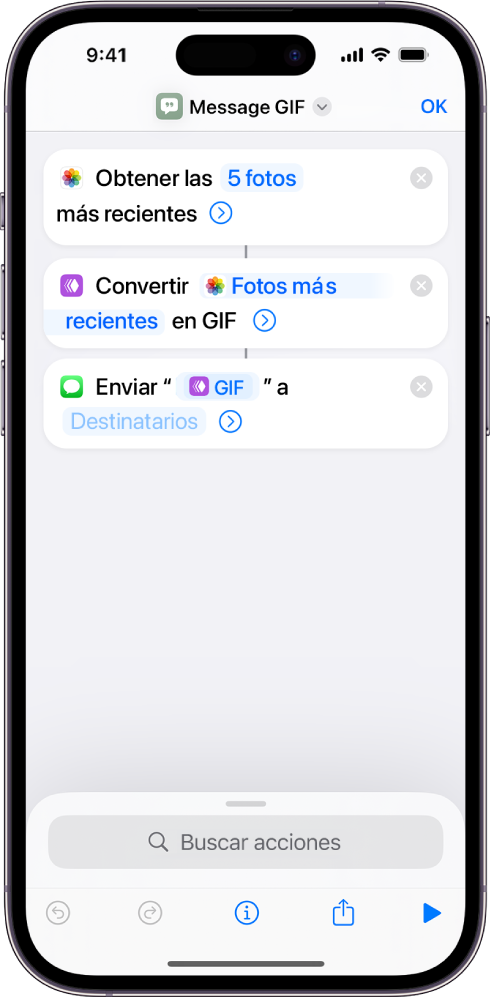 Editor de atajos que muestra las acciones que se usan para enviar un mensaje con fotos como GIF animado.