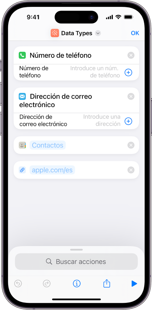 Editor de atajos que muestra acciones que almacenan contenido en el atajo.