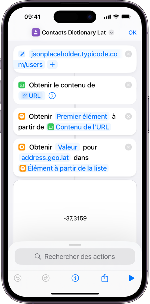 Clé de l’action Obtenir la valeur du dictionnaire dans l’éditeur de raccourcis réglée sur address.geo.lat.