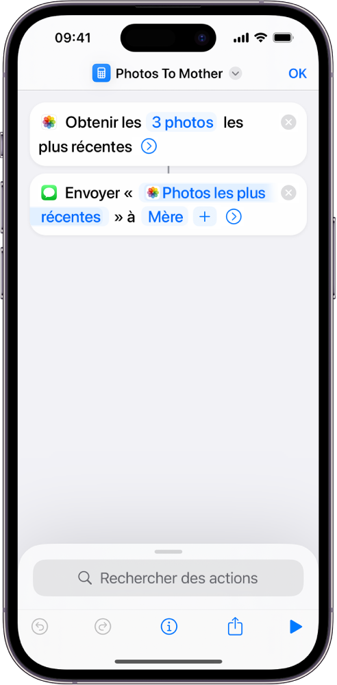 Raccourci comportant les actions « Obtenir les photos les plus récentes » et « Envoyer un message ».