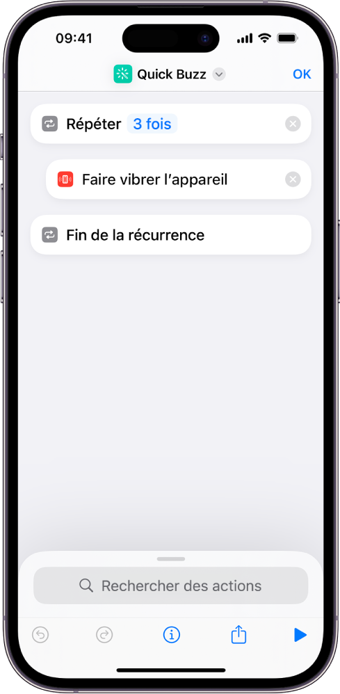 Action Faire vibrer l’appareil réglée sur trois répétitions.