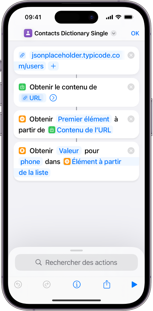 Clé de l’action Obtenir la valeur du dictionnaire dans l’éditeur de raccourcis réglée sur téléphone.