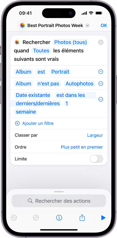 Action Rechercher des photos où dans l’éditeur de raccourcis.